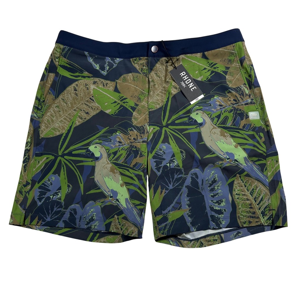 Rhone Barrier Swim Short Mens XL Green Blue Tropical Floral Parrot 6" Inseam NWT